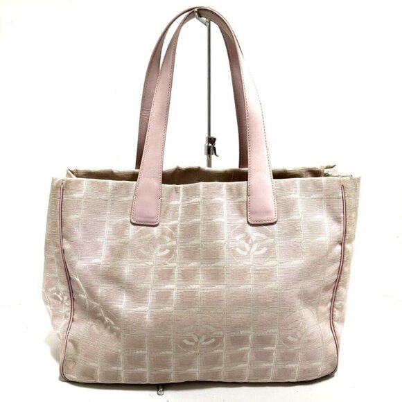 Auth CHANEL New Travel Line Tote MM - Pink Cream Nylon Jacquard Leather Tote Bag - Picture 1 of 10